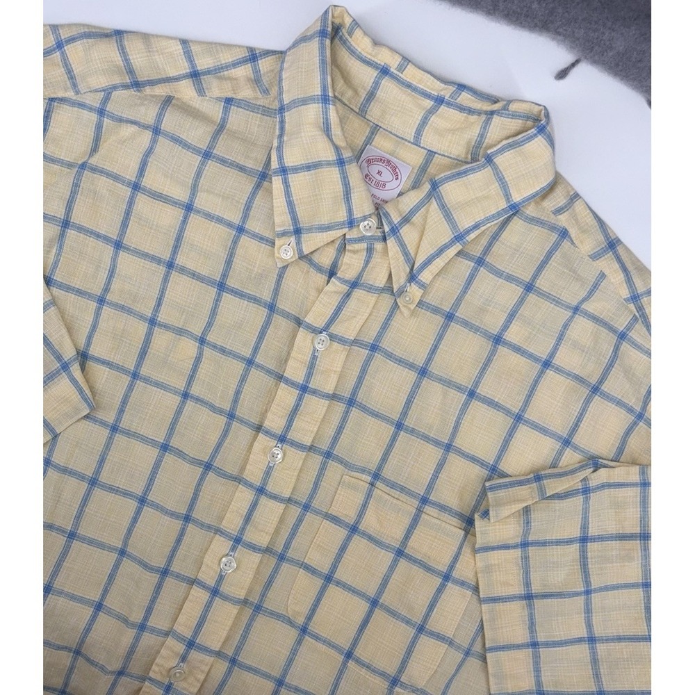 Brooks Brothers XL‎ Traditional Fit Irish Linen Plaid Button Down Yellow Blue